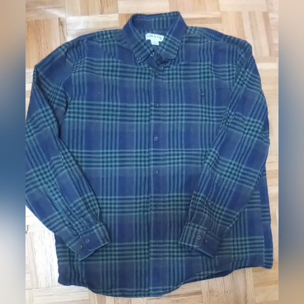 Orvis Men's Blue/Green Plaid Shirt Size L
